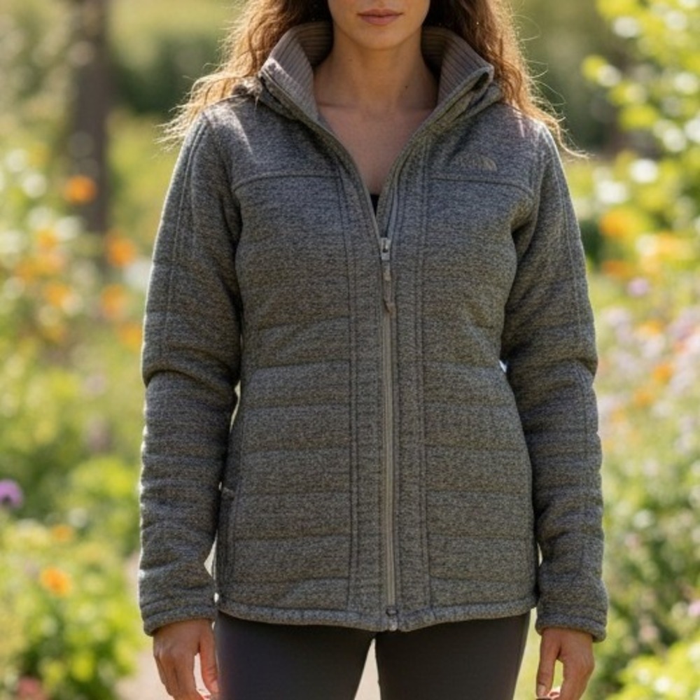 The North Face Womens‎ Brown Heathered Full Zip Hooded Quilted Knit Jacket M